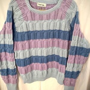 Peach Love California Lavender and Blue Cable Knit Crew Neck Sweater